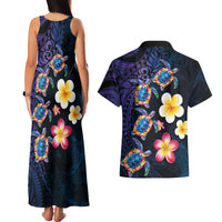 Hawaiian Turtles and Plumeria Couples Matching Tank Maxi Dress and Hawaiian Shirt Polynesian Art Tribal Tattoo Dark Aqua Color
