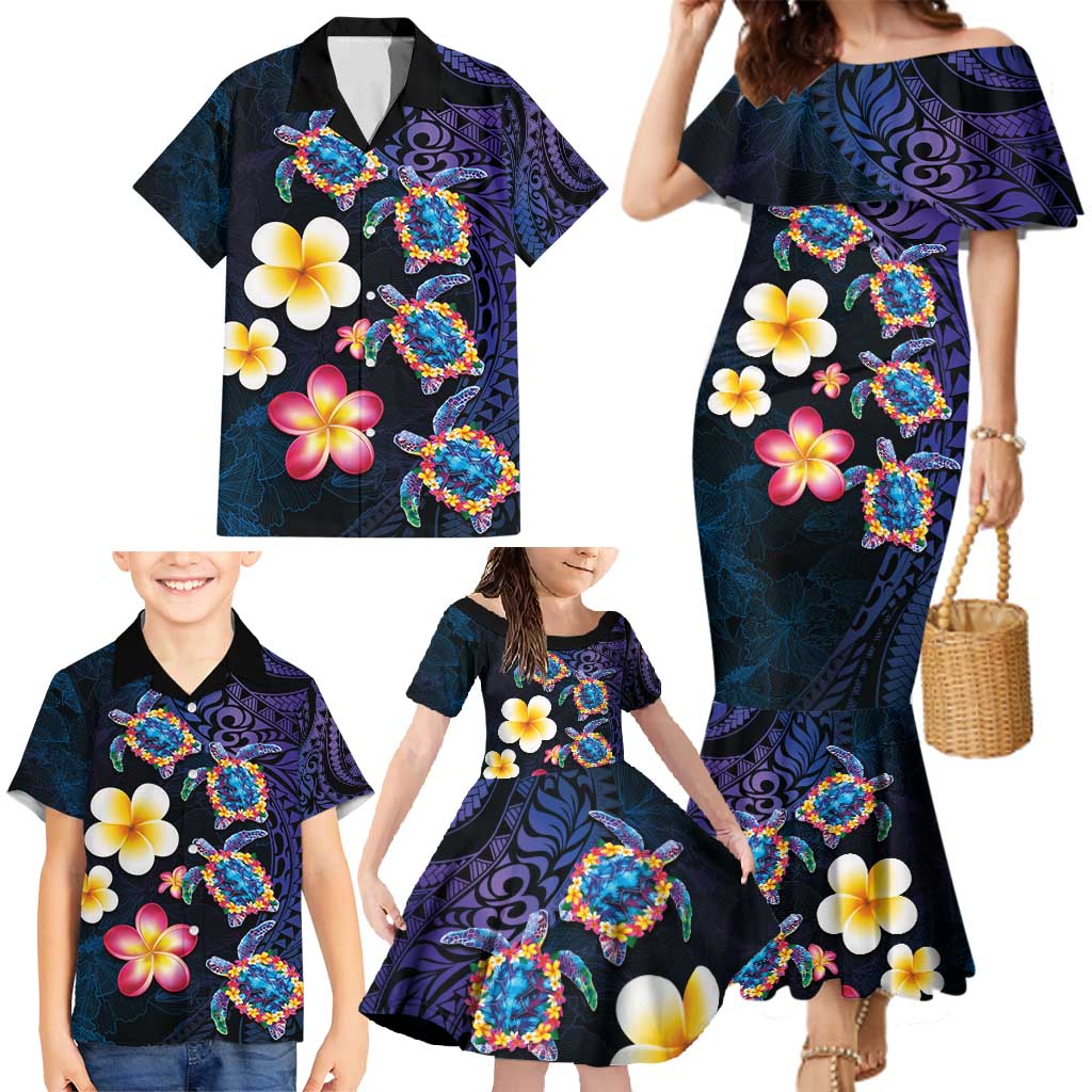 Hawaiian Turtles and Plumeria Family Matching Mermaid Dress and Hawaiian Shirt Polynesian Art Tribal Tattoo Dark Aqua Color LT03 - Polynesian Pride