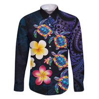 Hawaiian Turtles and Plumeria Family Matching Mermaid Dress and Hawaiian Shirt Polynesian Art Tribal Tattoo Dark Aqua Color LT03 Dad's Shirt - Long Sleeve Blue - Polynesian Pride