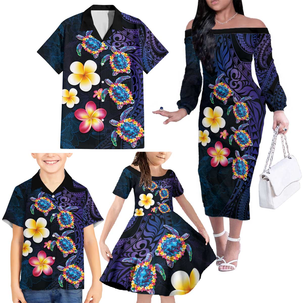 Hawaiian Turtles and Plumeria Family Matching Off The Shoulder Long Sleeve Dress and Hawaiian Shirt Polynesian Art Tribal Tattoo Dark Aqua Color LT03 - Polynesian Pride