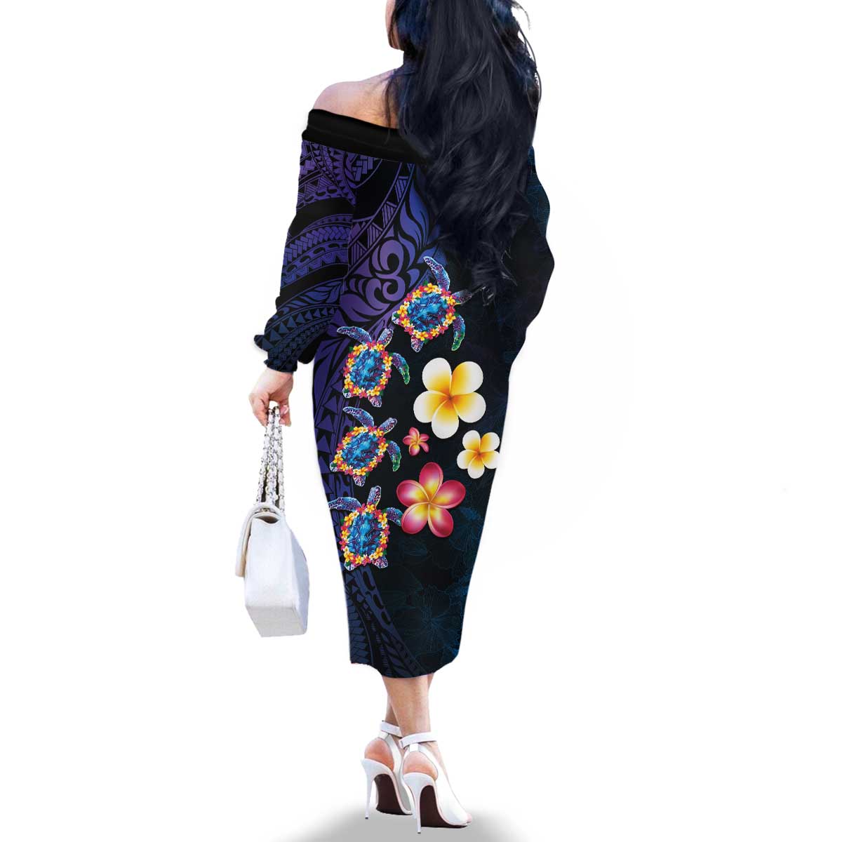 Hawaiian Turtles and Plumeria Family Matching Off The Shoulder Long Sleeve Dress and Hawaiian Shirt Polynesian Art Tribal Tattoo Dark Aqua Color LT03 - Polynesian Pride
