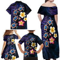 Hawaiian Turtles and Plumeria Family Matching Off Shoulder Maxi Dress and Hawaiian Shirt Polynesian Art Tribal Tattoo Dark Aqua Color LT03 - Polynesian Pride