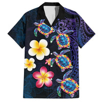 Hawaiian Turtles and Plumeria Family Matching Off Shoulder Maxi Dress and Hawaiian Shirt Polynesian Art Tribal Tattoo Dark Aqua Color LT03 Dad's Shirt - Short Sleeve Blue - Polynesian Pride
