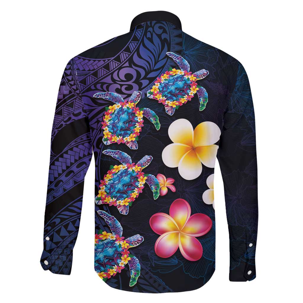 Hawaiian Turtles and Plumeria Family Matching Off Shoulder Maxi Dress and Hawaiian Shirt Polynesian Art Tribal Tattoo Dark Aqua Color LT03 - Polynesian Pride