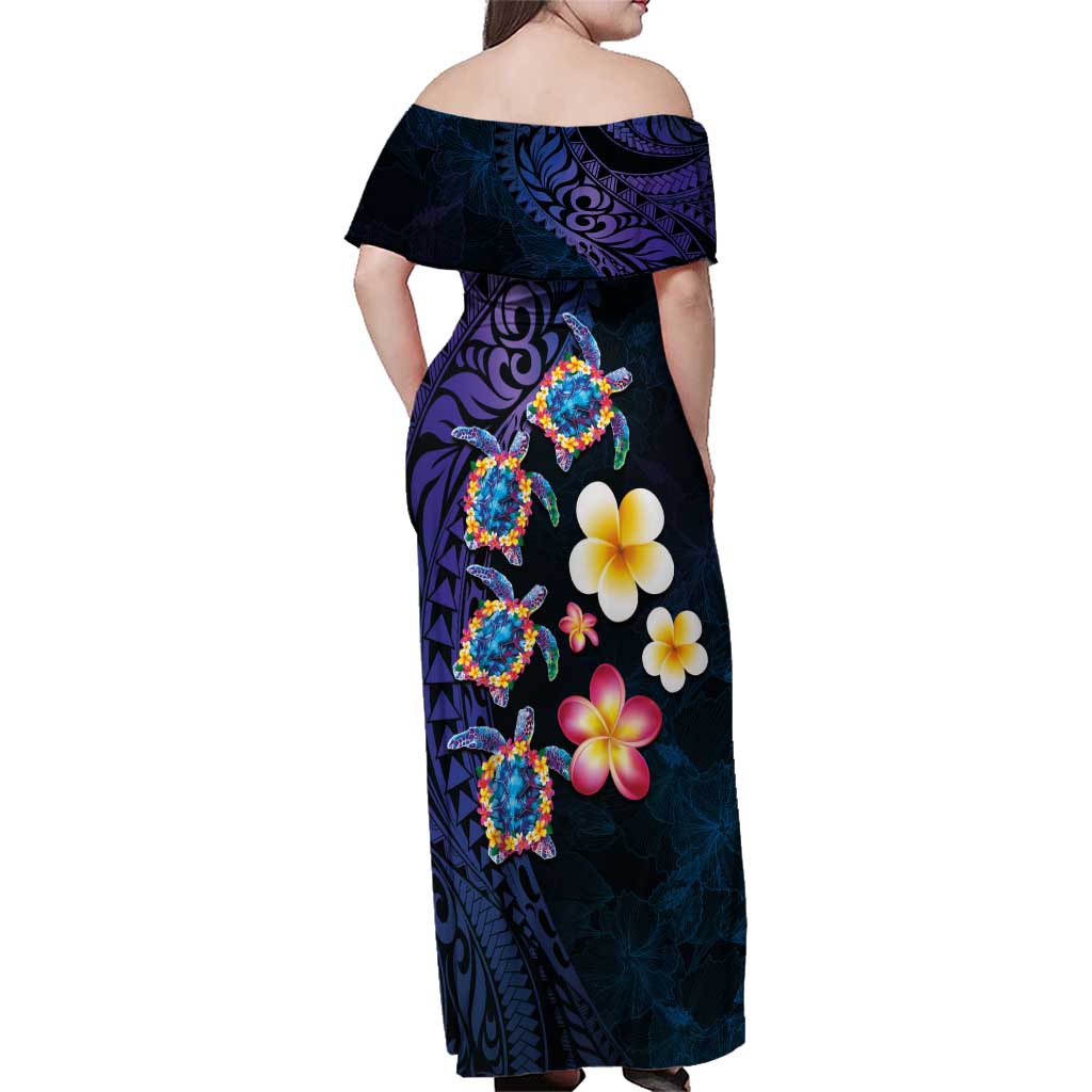Hawaiian Turtles and Plumeria Family Matching Off Shoulder Maxi Dress and Hawaiian Shirt Polynesian Art Tribal Tattoo Dark Aqua Color LT03 - Polynesian Pride