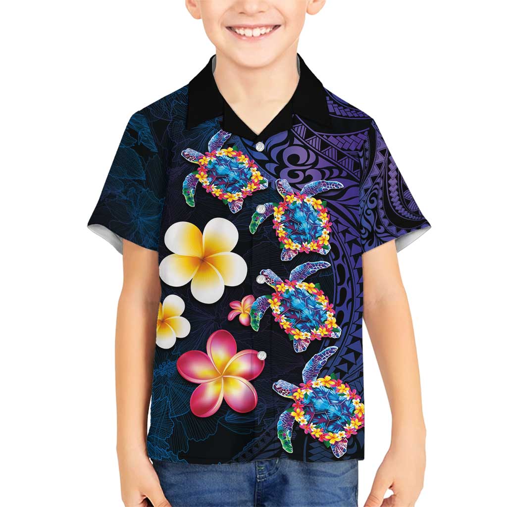 Hawaiian Turtles and Plumeria Family Matching Off Shoulder Maxi Dress and Hawaiian Shirt Polynesian Art Tribal Tattoo Dark Aqua Color LT03 Son's Shirt Blue - Polynesian Pride