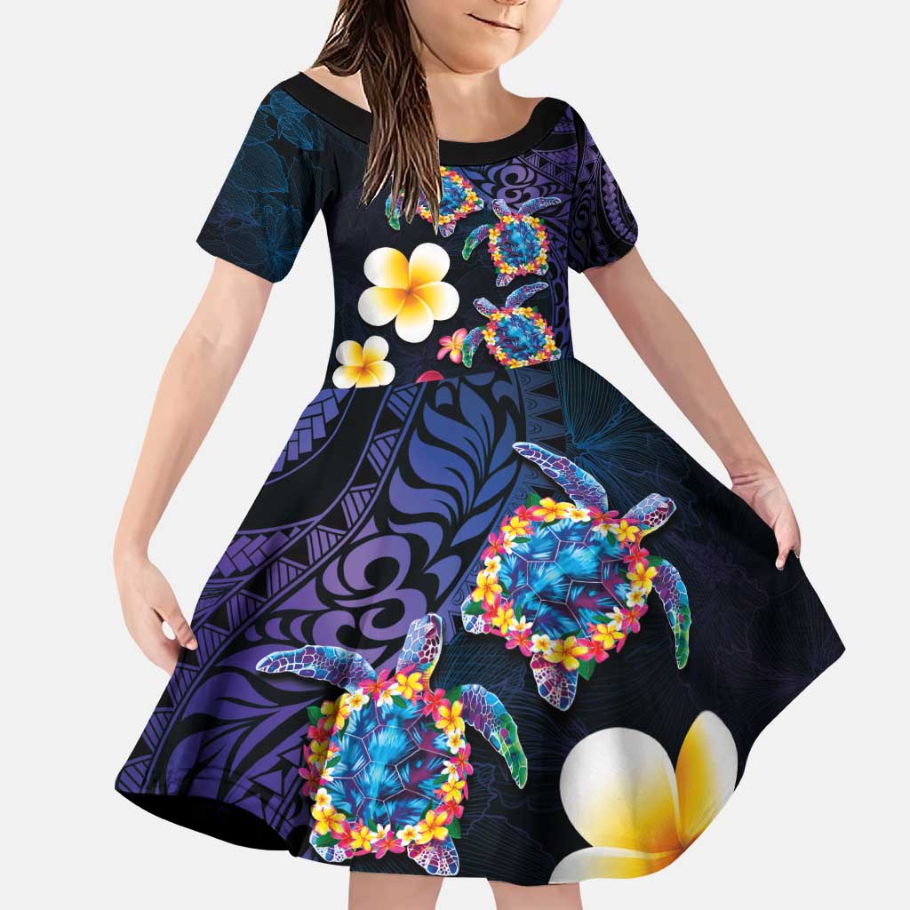 Hawaiian Turtles and Plumeria Family Matching Puletasi and Hawaiian Shirt Polynesian Art Tribal Tattoo Dark Aqua Color LT03 Daughter's Dress Blue - Polynesian Pride