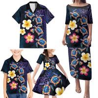 Hawaiian Turtles and Plumeria Family Matching Puletasi and Hawaiian Shirt Polynesian Art Tribal Tattoo Dark Aqua Color LT03 - Polynesian Pride
