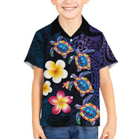Hawaiian Turtles and Plumeria Family Matching Puletasi and Hawaiian Shirt Polynesian Art Tribal Tattoo Dark Aqua Color LT03 Son's Shirt Blue - Polynesian Pride