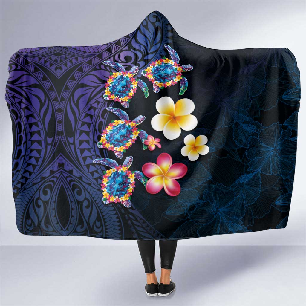 Hawaiian Turtles and Plumeria Hooded Blanket Polynesian Art Tribal Tattoo Dark Aqua Color LT03 One Size Blue - Polynesian Pride