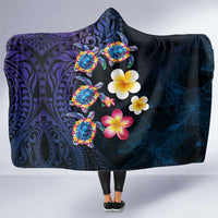 Hawaiian Turtles and Plumeria Hooded Blanket Polynesian Art Tribal Tattoo Dark Aqua Color LT03 One Size Blue - Polynesian Pride