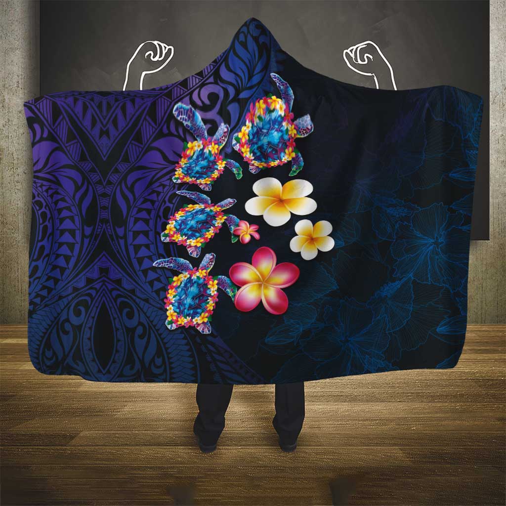Hawaiian Turtles and Plumeria Hooded Blanket Polynesian Art Tribal Tattoo Dark Aqua Color LT03 - Polynesian Pride