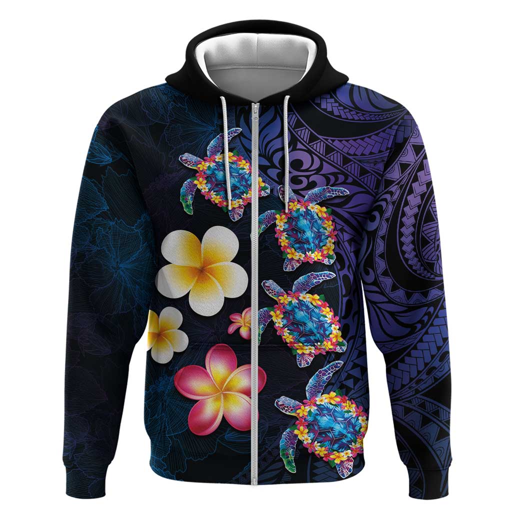 Hawaiian Turtles and Plumeria Hoodie Polynesian Art Tribal Tattoo Dark Aqua Color LT03 Zip Hoodie Blue - Polynesian Pride