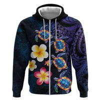 Hawaiian Turtles and Plumeria Hoodie Polynesian Art Tribal Tattoo Dark Aqua Color LT03 Zip Hoodie Blue - Polynesian Pride