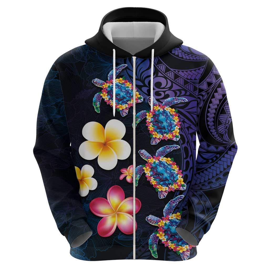 Hawaiian Turtles and Plumeria Hoodie Polynesian Art Tribal Tattoo Dark Aqua Color LT03 - Polynesian Pride