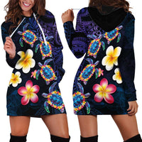 Hawaiian Turtles and Plumeria Hoodie Dress Polynesian Art Tribal Tattoo Dark Aqua Color LT03 - Polynesian Pride