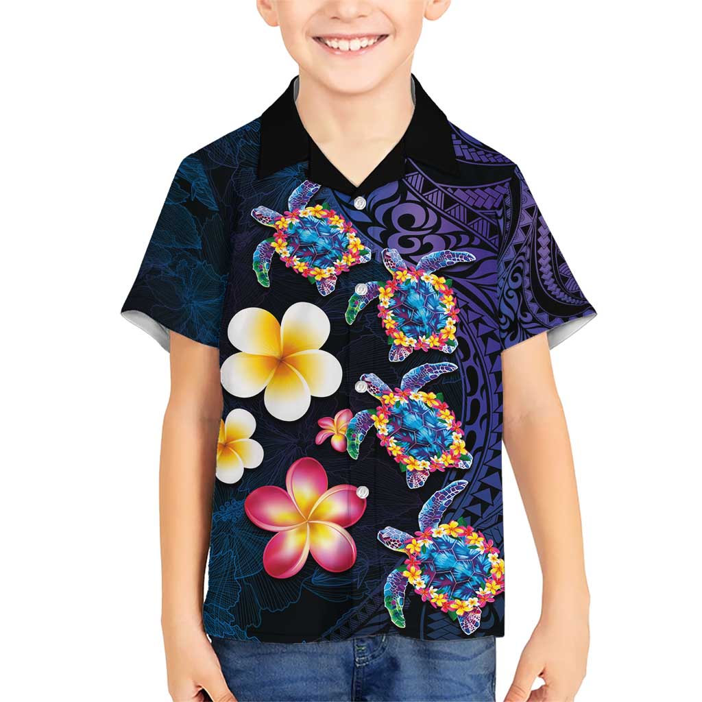 Hawaiian Turtles and Plumeria Kid Hawaiian Shirt Polynesian Art Tribal Tattoo Dark Aqua Color LT03 Kid Blue - Polynesian Pride