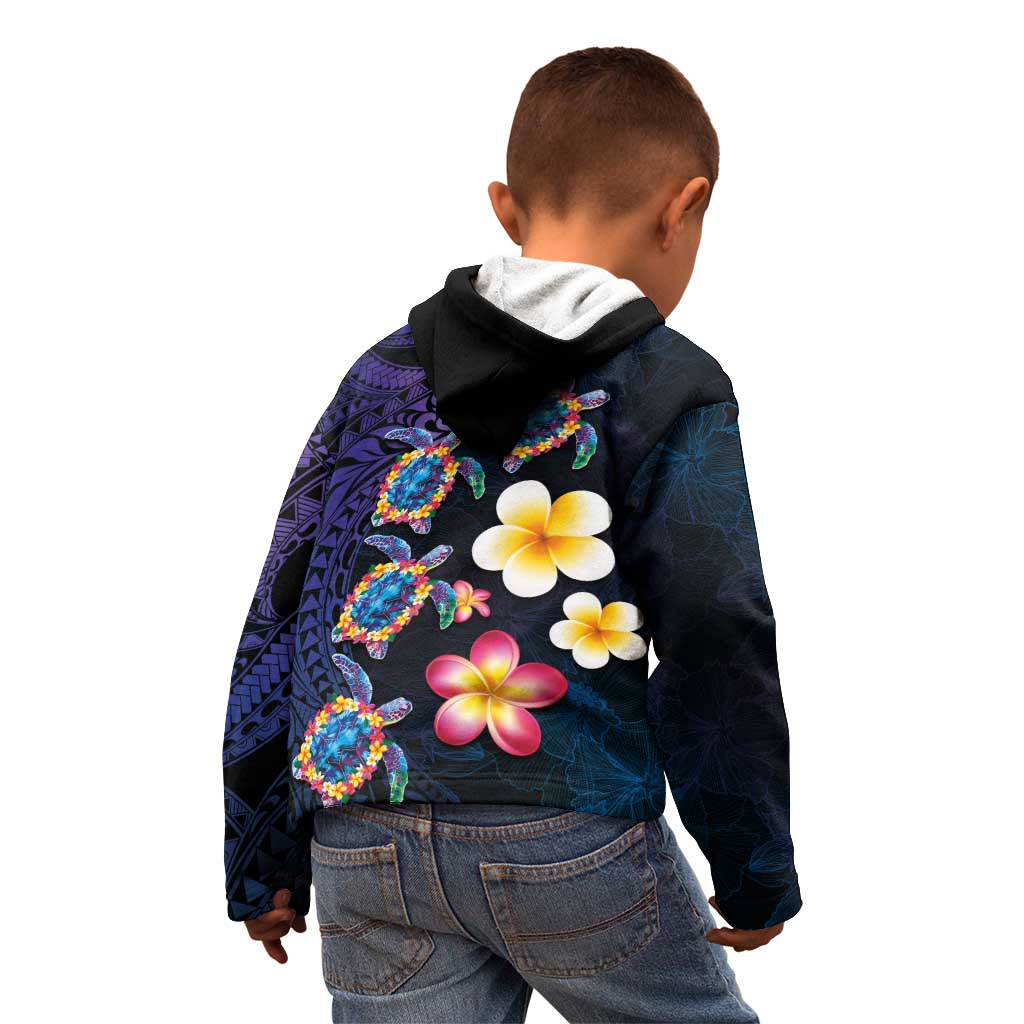 Hawaiian Turtles and Plumeria Kid Hoodie Polynesian Art Tribal Tattoo Dark Aqua Color LT03 - Polynesian Pride