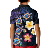 Hawaiian Turtles and Plumeria Kid Polo Shirt Polynesian Art Tribal Tattoo Dark Aqua Color LT03 - Polynesian Pride