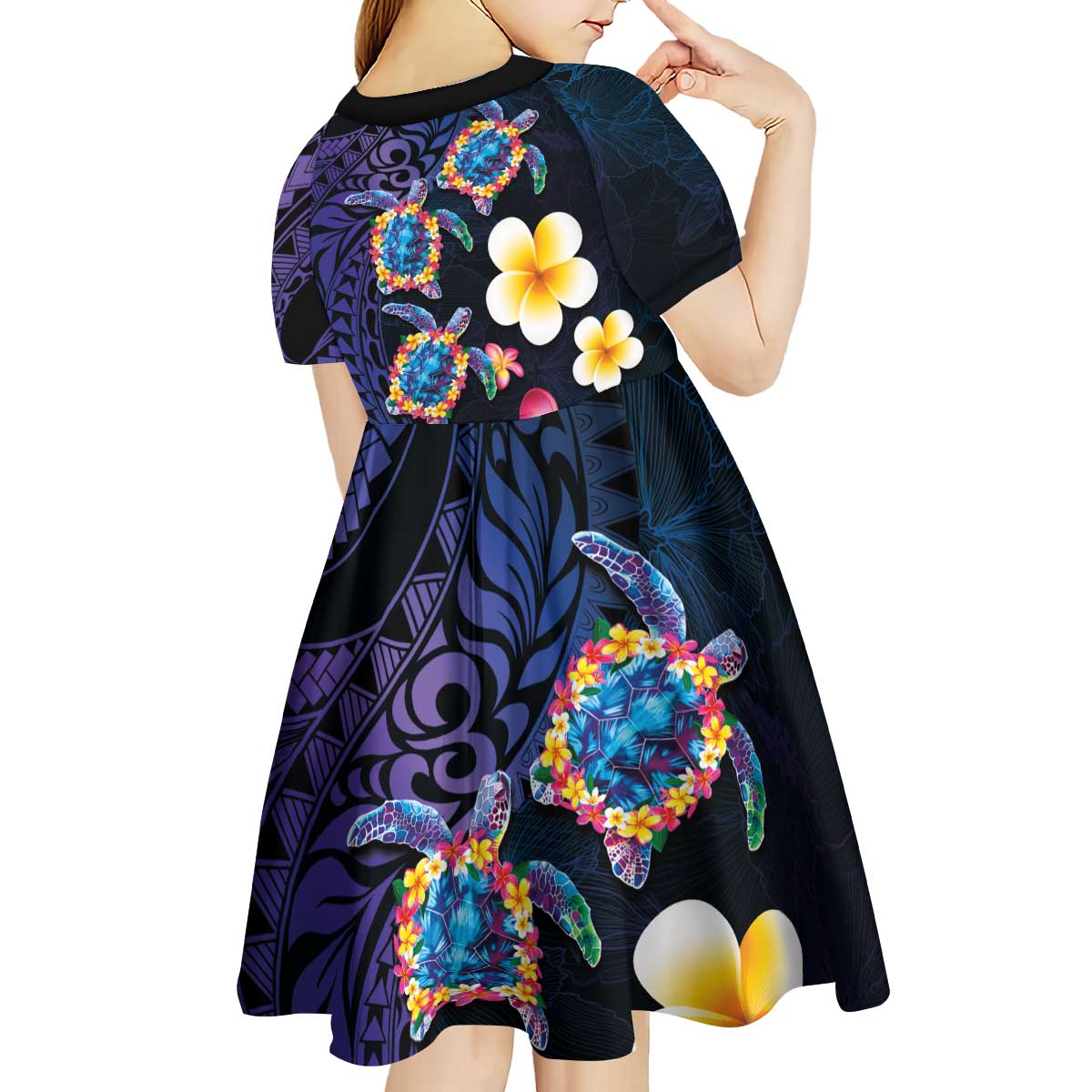 Hawaiian Turtles and Plumeria Kid Short Sleeve Dress Polynesian Art Tribal Tattoo Dark Aqua Color LT03 - Polynesian Pride