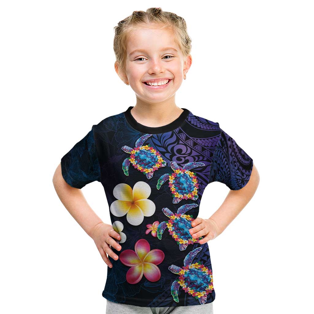 Hawaiian Turtles and Plumeria Kid T Shirt Polynesian Art Tribal Tattoo Dark Aqua Color LT03 Blue - Polynesian Pride