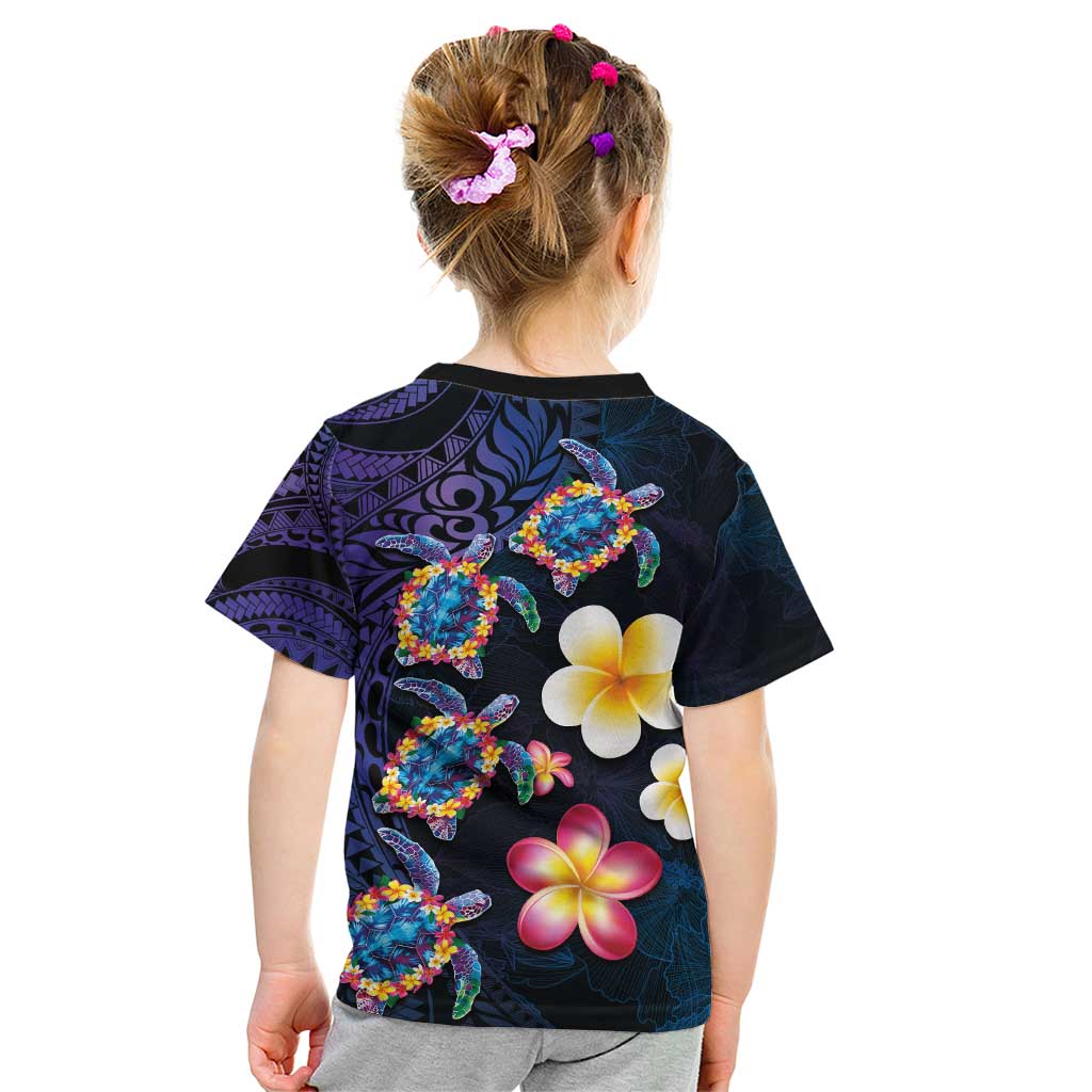 Hawaiian Turtles and Plumeria Kid T Shirt Polynesian Art Tribal Tattoo Dark Aqua Color LT03 - Polynesian Pride
