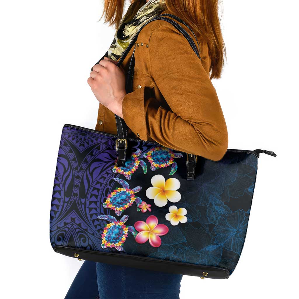 Hawaiian Turtles and Plumeria Leather Tote Bag Polynesian Art Tribal Tattoo Dark Aqua Color LT03 Blue - Polynesian Pride