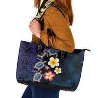 Hawaiian Turtles and Plumeria Leather Tote Bag Polynesian Art Tribal Tattoo Dark Aqua Color LT03 Blue - Polynesian Pride