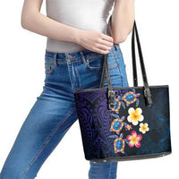 Hawaiian Turtles and Plumeria Leather Tote Bag Polynesian Art Tribal Tattoo Dark Aqua Color LT03 - Polynesian Pride