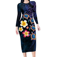 Hawaiian Turtles and Plumeria Long Sleeve Bodycon Dress Polynesian Art Tribal Tattoo Dark Aqua Color LT03 Long Dress Blue - Polynesian Pride