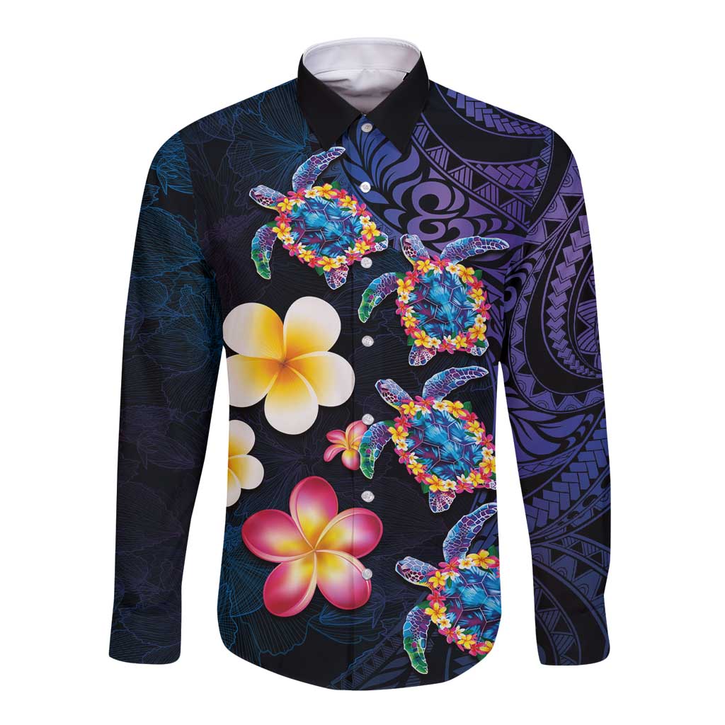 Hawaiian Turtles and Plumeria Long Sleeve Button Shirt Polynesian Art Tribal Tattoo Dark Aqua Color LT03 Unisex Blue - Polynesian Pride