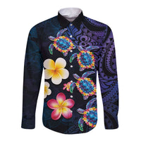 Hawaiian Turtles and Plumeria Long Sleeve Button Shirt Polynesian Art Tribal Tattoo Dark Aqua Color LT03 Unisex Blue - Polynesian Pride