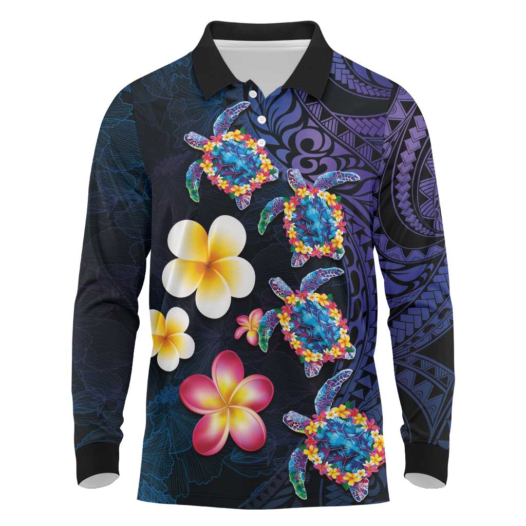 Hawaiian Turtles and Plumeria Long Sleeve Polo Shirt Polynesian Art Tribal Tattoo Dark Aqua Color LT03 Blue - Polynesian Pride