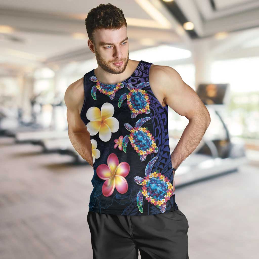Hawaiian Turtles and Plumeria Men Tank Top Polynesian Art Tribal Tattoo Dark Aqua Color LT03 Blue - Polynesian Pride