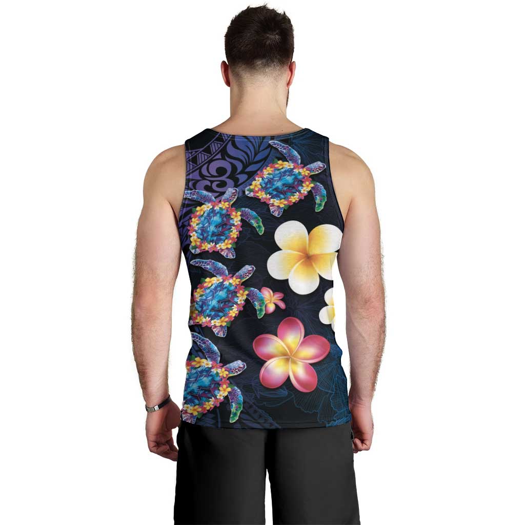 Hawaiian Turtles and Plumeria Men Tank Top Polynesian Art Tribal Tattoo Dark Aqua Color LT03 - Polynesian Pride