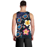 Hawaiian Turtles and Plumeria Men Tank Top Polynesian Art Tribal Tattoo Dark Aqua Color LT03 - Polynesian Pride