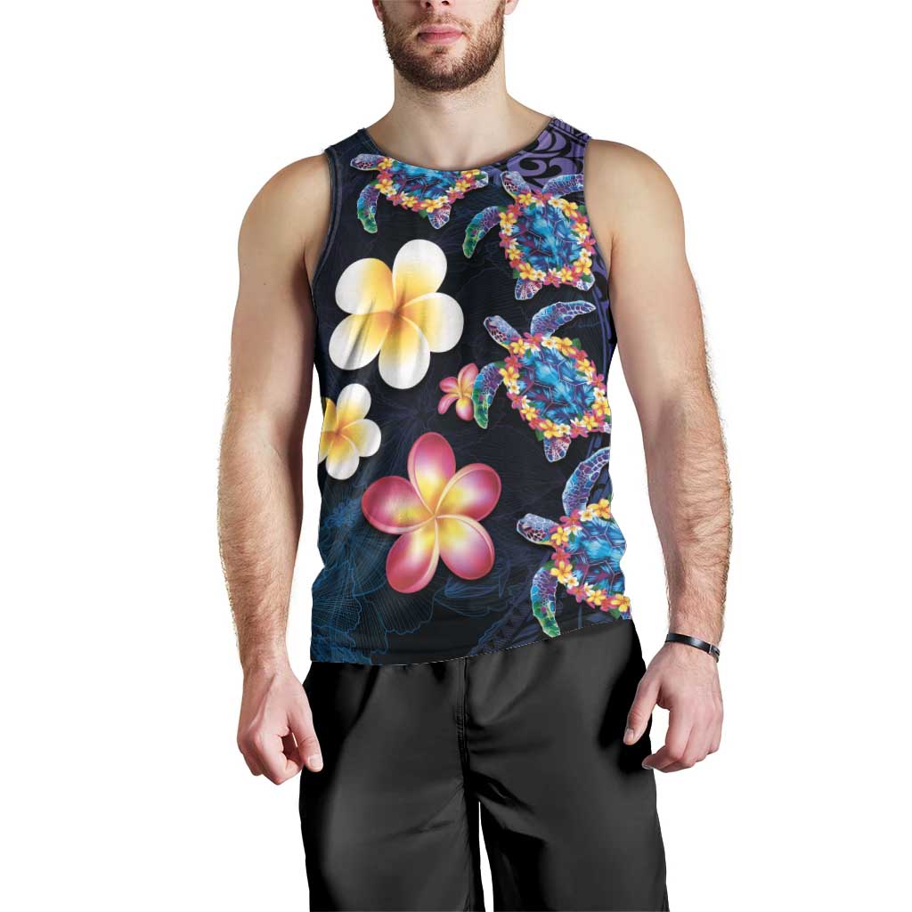 Hawaiian Turtles and Plumeria Men Tank Top Polynesian Art Tribal Tattoo Dark Aqua Color LT03 - Polynesian Pride
