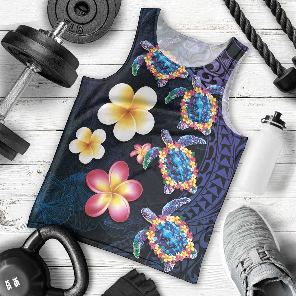Hawaiian Turtles and Plumeria Men Tank Top Polynesian Art Tribal Tattoo Dark Aqua Color LT03 - Polynesian Pride
