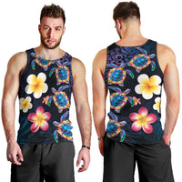 Hawaiian Turtles and Plumeria Men Tank Top Polynesian Art Tribal Tattoo Dark Aqua Color LT03 - Polynesian Pride