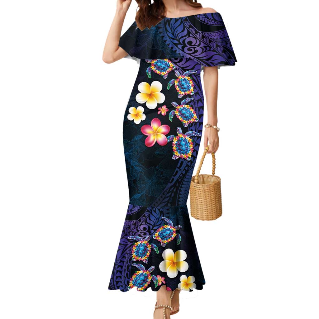 Hawaiian Turtles and Plumeria Mermaid Dress Polynesian Art Tribal Tattoo Dark Aqua Color LT03 Women Blue - Polynesian Pride