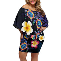 Hawaiian Turtles and Plumeria Off Shoulder Short Dress Polynesian Art Tribal Tattoo Dark Aqua Color LT03 Women Blue - Polynesian Pride
