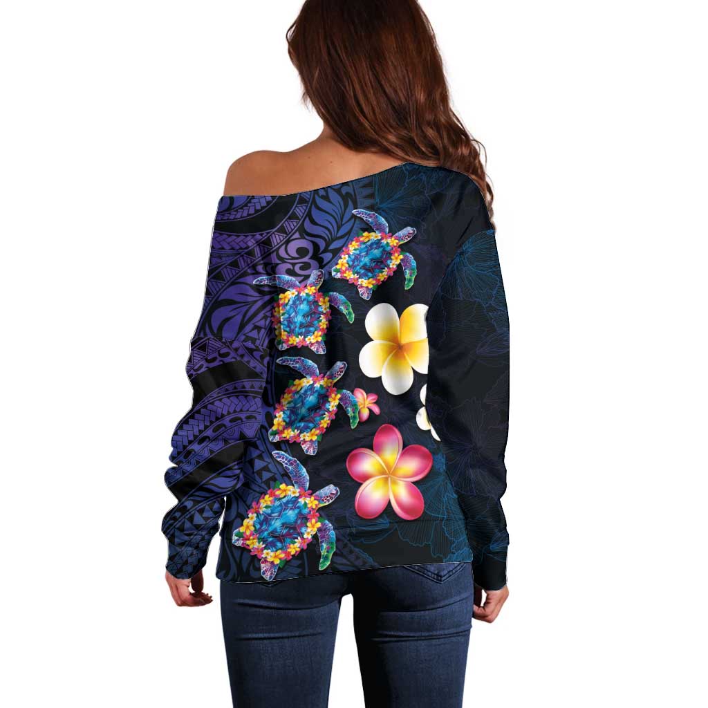 Hawaiian Turtles and Plumeria Off Shoulder Sweater Polynesian Art Tribal Tattoo Dark Aqua Color LT03 - Polynesian Pride
