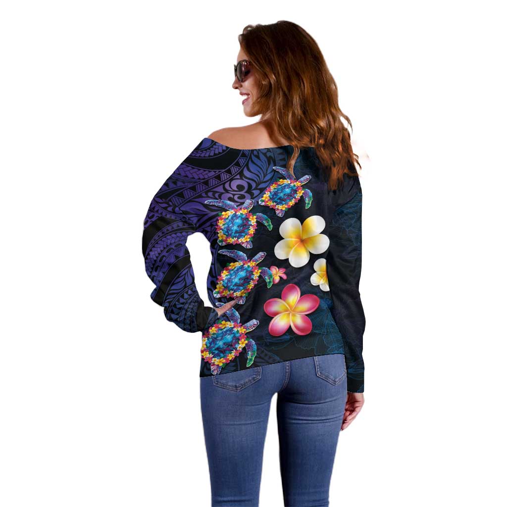 Hawaiian Turtles and Plumeria Off Shoulder Sweater Polynesian Art Tribal Tattoo Dark Aqua Color LT03 - Polynesian Pride