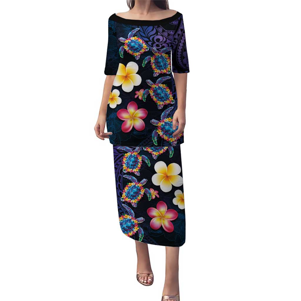 Hawaiian Turtles and Plumeria Puletasi Polynesian Art Tribal Tattoo Dark Aqua Color LT03 Long Dress Blue - Polynesian Pride