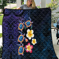 Hawaiian Turtles and Plumeria Quilt Polynesian Art Tribal Tattoo Dark Aqua Color LT03 Blue - Polynesian Pride