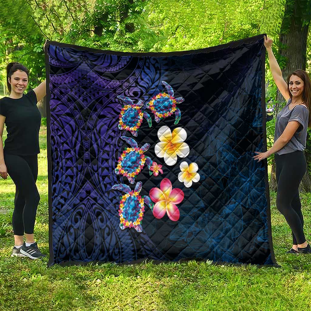 Hawaiian Turtles and Plumeria Quilt Polynesian Art Tribal Tattoo Dark Aqua Color LT03 - Polynesian Pride