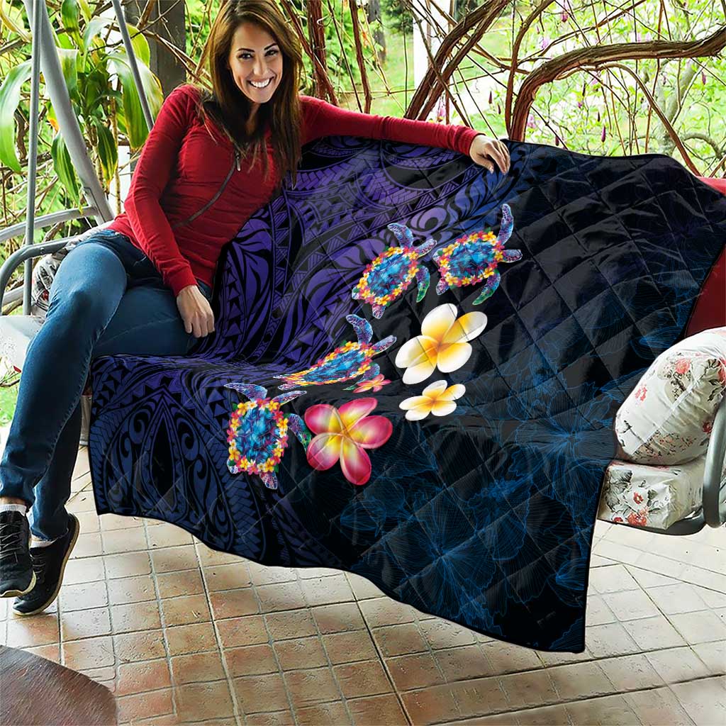 Hawaiian Turtles and Plumeria Quilt Polynesian Art Tribal Tattoo Dark Aqua Color LT03 - Polynesian Pride
