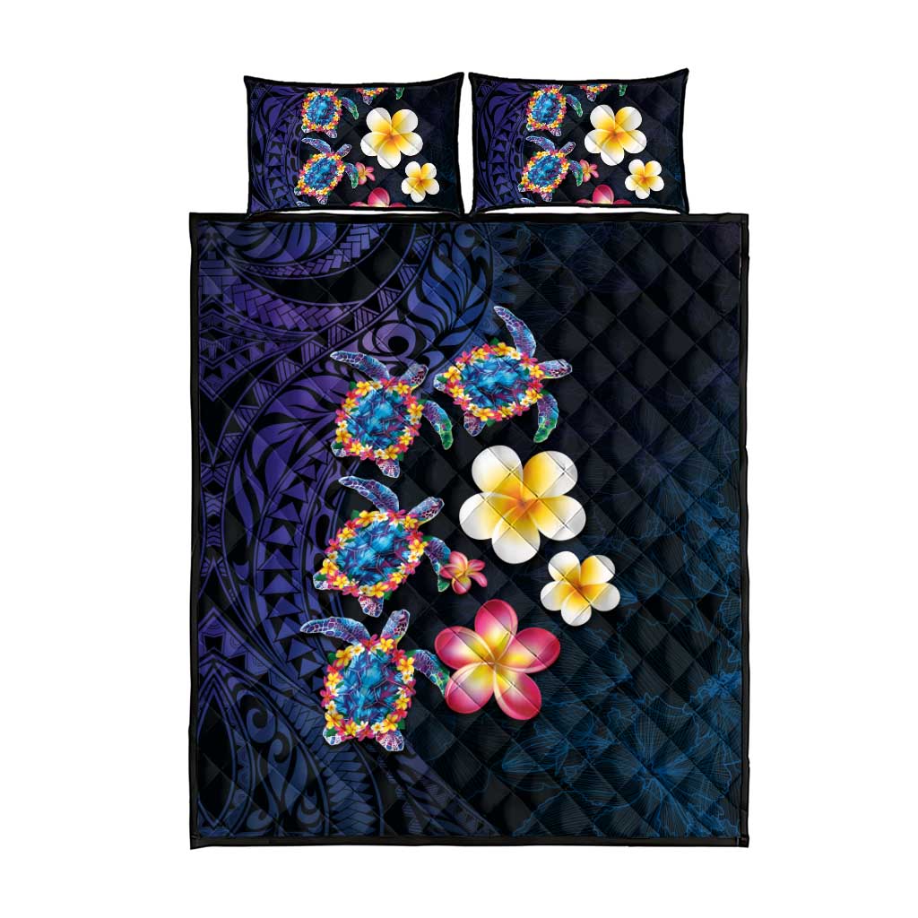Hawaiian Turtles and Plumeria Quilt Bed Set Polynesian Art Tribal Tattoo Dark Aqua Color LT03 - Polynesian Pride
