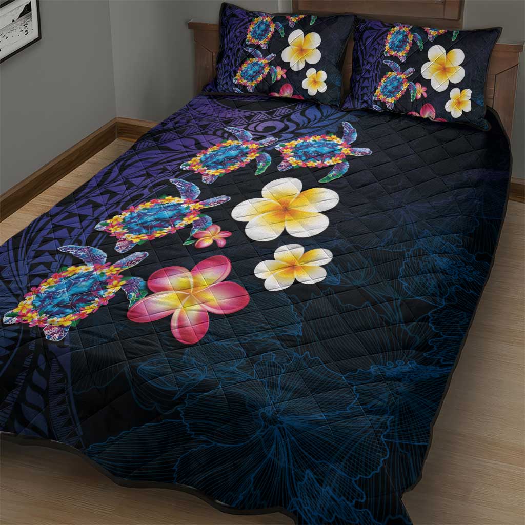 Hawaiian Turtles and Plumeria Quilt Bed Set Polynesian Art Tribal Tattoo Dark Aqua Color LT03 - Polynesian Pride