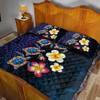 Hawaiian Turtles and Plumeria Quilt Bed Set Polynesian Art Tribal Tattoo Dark Aqua Color LT03 - Polynesian Pride